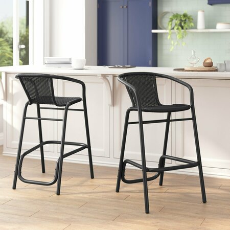Flash Furniture Lila Indoor-Outdoor PE Rattan Restaurant Barstool with Black Steel Frame and Footrest in Black, 2PK 2-SDA-AD632032R-BK-GG